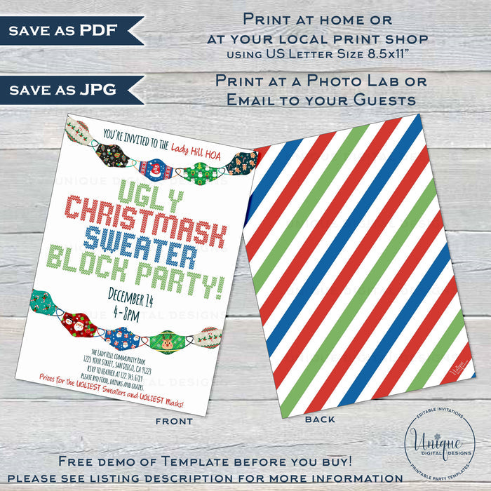 Editable Ugly Christmask Block Party Invitations, 2020 Tacky Christmas Sweater Invite, HOA Neighborhood Park Party Holiday Printable INSTANT