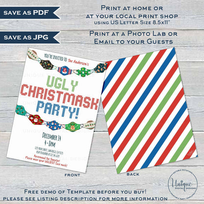 Editable Ugly Christmask Party Invitations, 2020 Tacky Christmas Sweater Invite, Adult Couple Lets get Ugly Funny Holiday Printable INSTANT