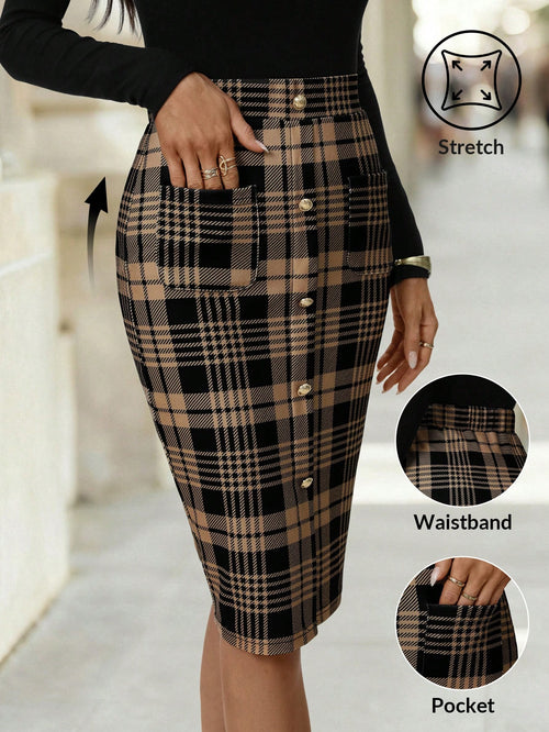 Editum Women's Elegant Preppy Black Plaid Pencil Skirt Summer Work Office Slim Pleated Checkered Skirt With Pockets Stretch Business Casual Back-To-School
