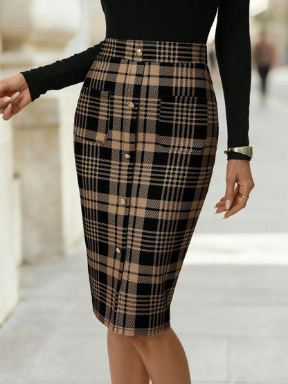 Editum Women's Elegant Preppy Black Plaid Pencil Skirt Summer Work Office Slim Pleated Checkered Skirt With Pockets Stretch Business Casual Back-To-School