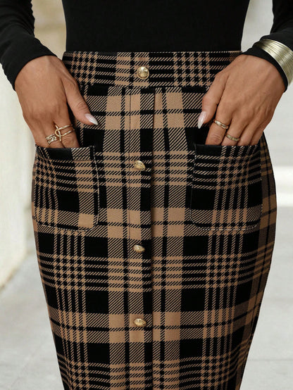 Editum Women's Elegant Preppy Black Plaid Pencil Skirt Summer Work Office Slim Pleated Checkered Skirt With Pockets Stretch Business Casual Back-To-School