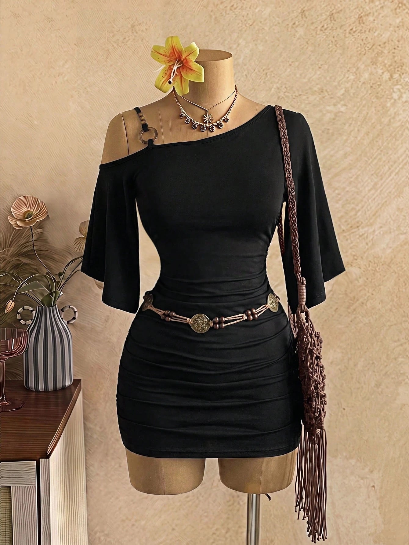 EgrlEra 26 Spring/Summer New Sexy Asymmetric One-Shoulder Ring Decor Flared Sleeve Fitted Ruched Mini Dress For Women