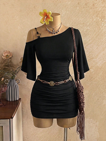 EgrlEra 26 Spring/Summer New Sexy Asymmetric One-Shoulder Ring Decor Flared Sleeve Fitted Ruched Mini Dress For Women
