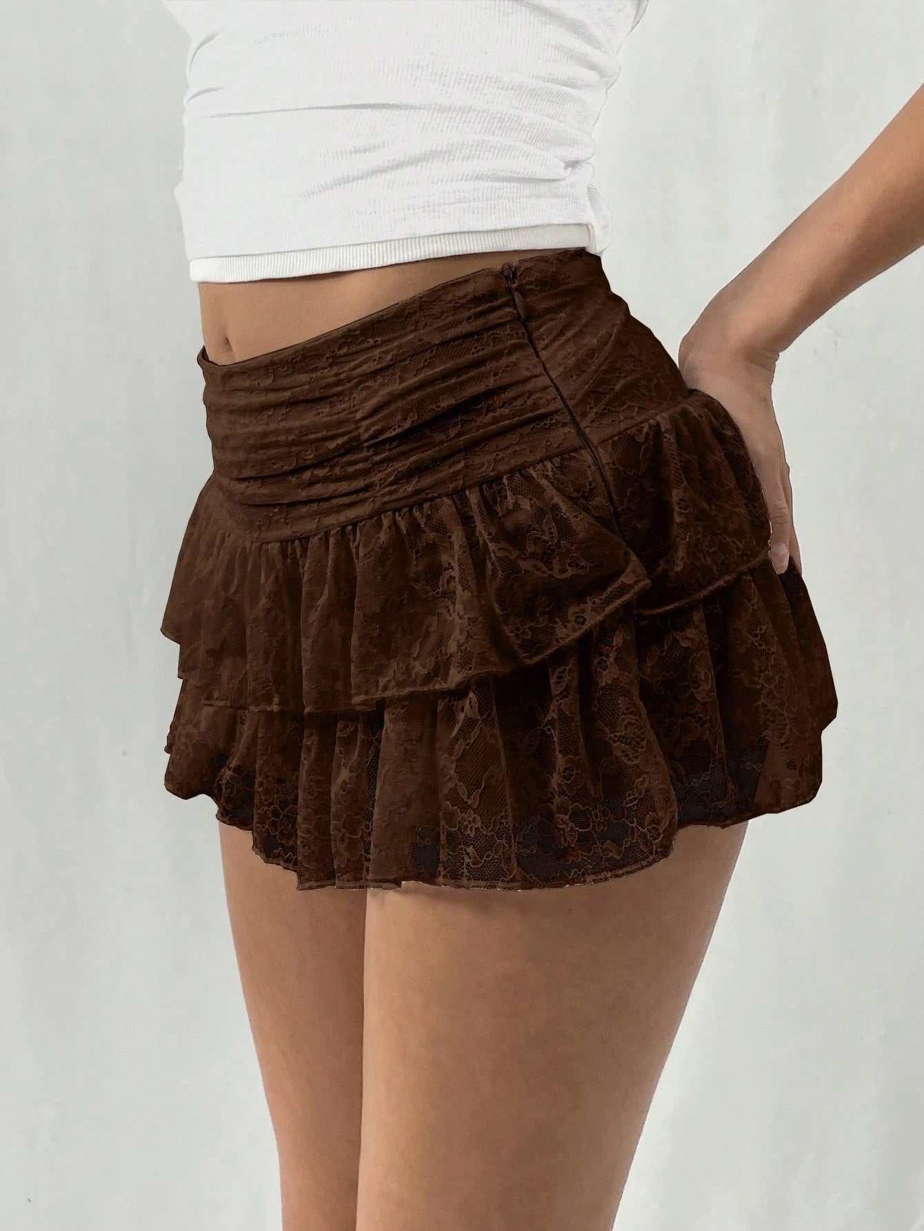 EgrlEra Women's Fashionable Sweet Solid Color Double-Layered Lace White Mini A-Line Skirt Y2K