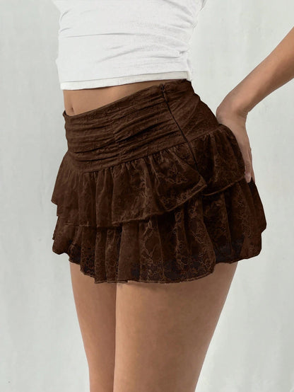 EgrlEra Women's Fashionable Sweet Solid Color Double-Layered Lace White Mini A-Line Skirt Y2K