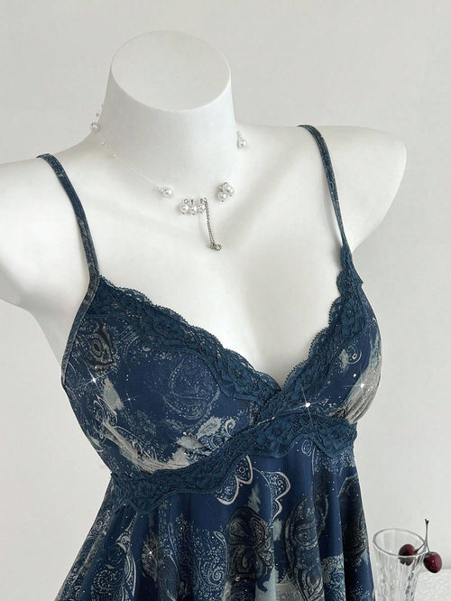 Elamini 1pc Y2K Style Sleeveless Top With Asymmetric Hem, Sequin Floral Print, Crisscross Straps, Casual For Women, Navy Blue, Spring/Summer