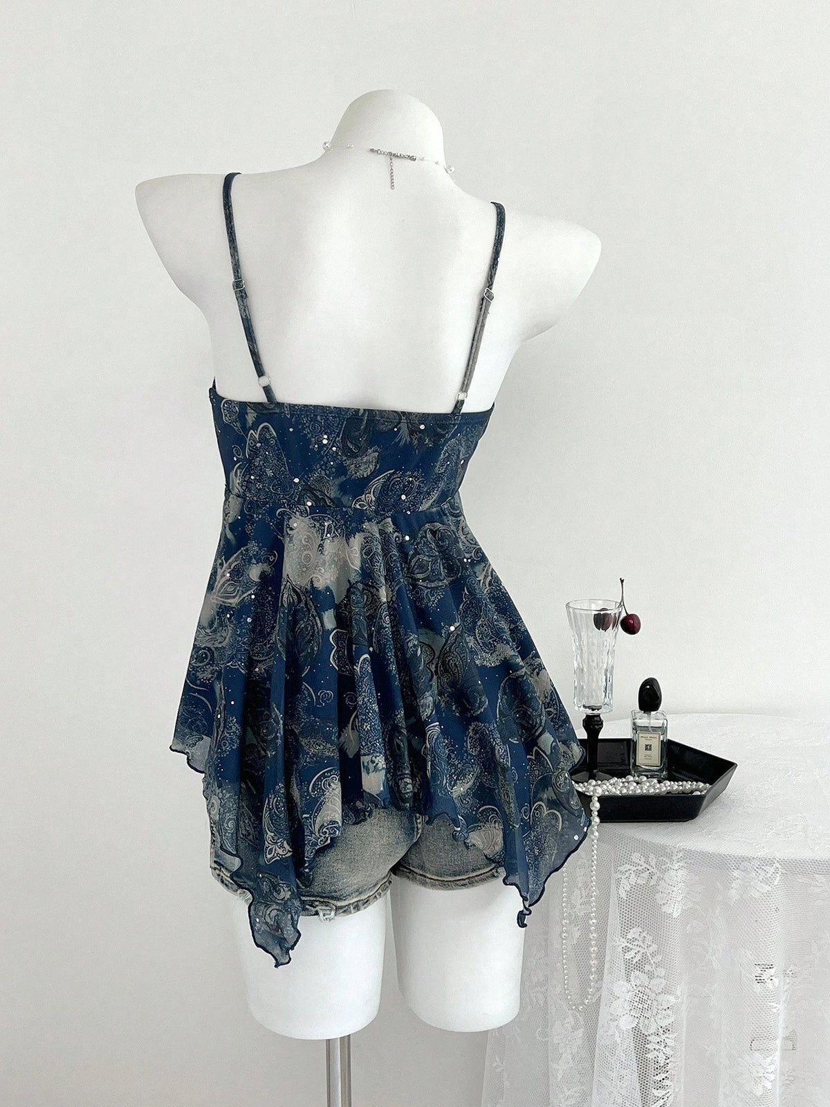 Elamini 1pc Y2K Style Sleeveless Top With Asymmetric Hem, Sequin Floral Print, Crisscross Straps, Casual For Women, Navy Blue, Spring/Summer