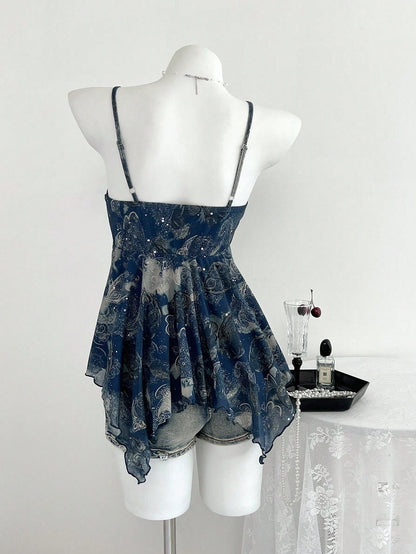 Elamini 1pc Y2K Style Sleeveless Top With Asymmetric Hem, Sequin Floral Print, Crisscross Straps, Casual For Women, Navy Blue, Spring/Summer