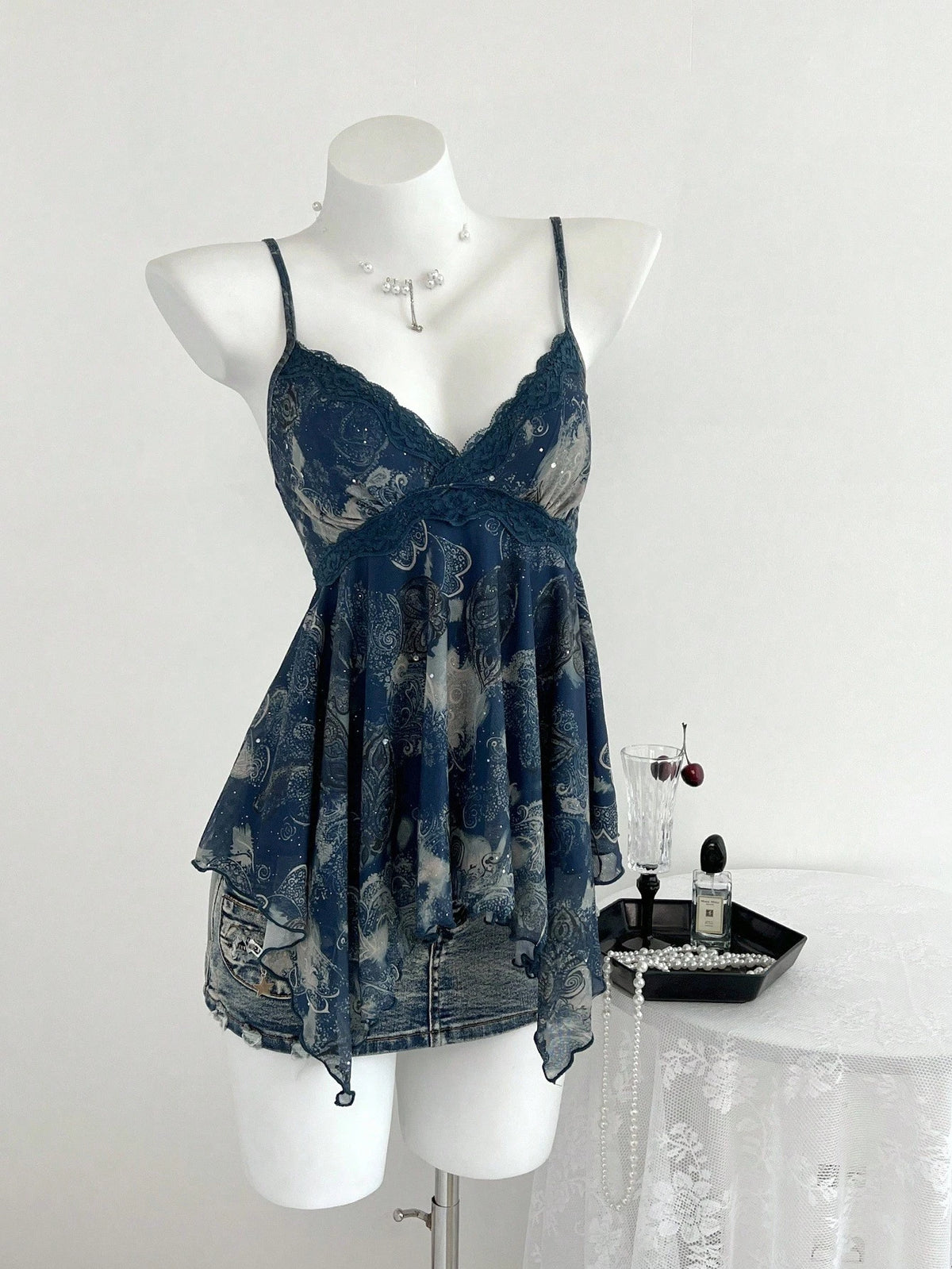 Elamini 1pc Y2K Style Sleeveless Top With Asymmetric Hem, Sequin Floral Print, Crisscross Straps, Casual For Women, Navy Blue, Spring/Summer