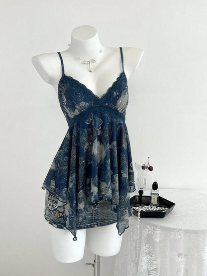 Elamini 1pc Y2K Style Sleeveless Top With Asymmetric Hem, Sequin Floral Print, Crisscross Straps, Casual For Women, Navy Blue, Spring/Summer