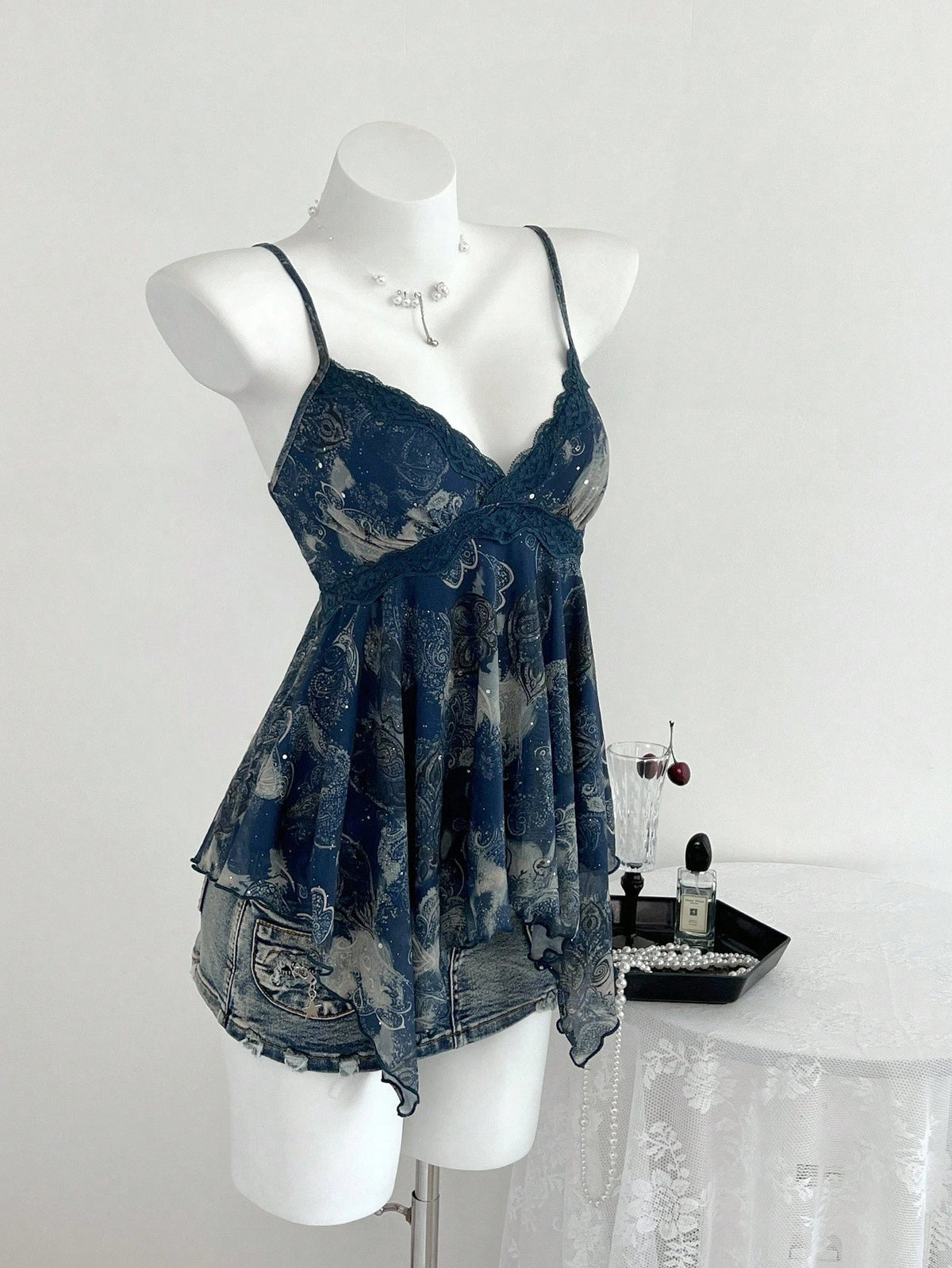 Elamini 1pc Y2K Style Sleeveless Top With Asymmetric Hem, Sequin Floral Print, Crisscross Straps, Casual For Women, Navy Blue, Spring/Summer