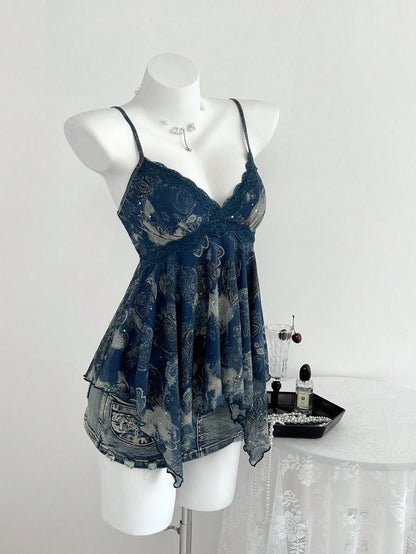 Elamini 1pc Y2K Style Sleeveless Top With Asymmetric Hem, Sequin Floral Print, Crisscross Straps, Casual For Women, Navy Blue, Spring/Summer