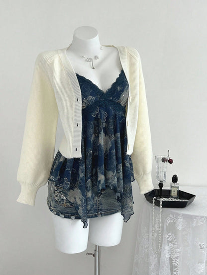 Elamini 1pc Y2K Style Sleeveless Top With Asymmetric Hem, Sequin Floral Print, Crisscross Straps, Casual For Women, Navy Blue, Spring/Summer
