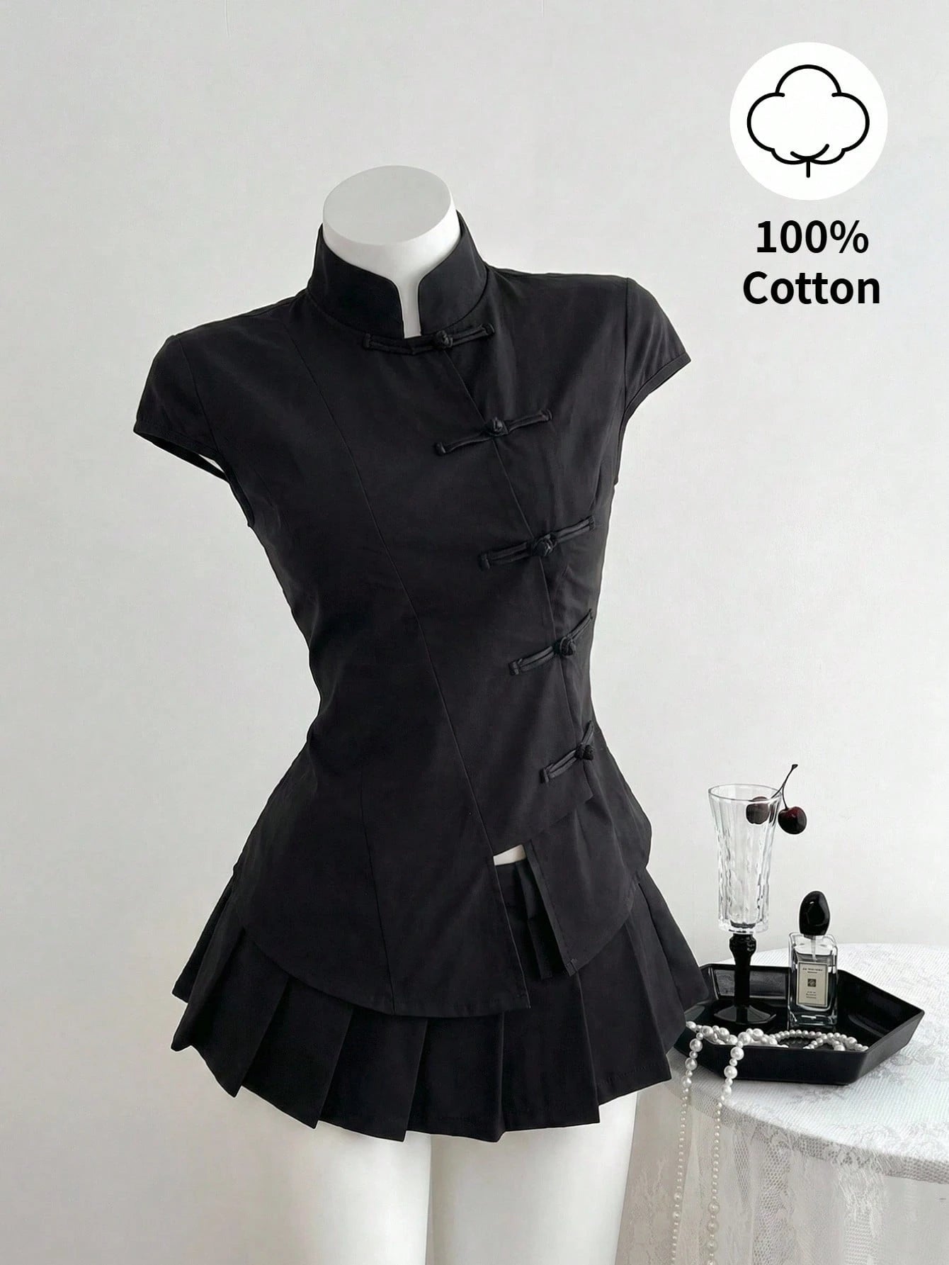 Elamini Black Cotton Mandarin Collar Short Sleeve Fitted Side Slit Shirt, New Chinese Style Retro Chic Commuting Elegant Campus Casual Versatile