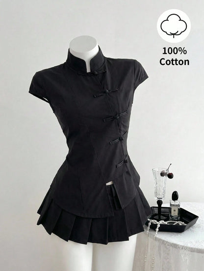Elamini Black Cotton Mandarin Collar Short Sleeve Fitted Side Slit Shirt, New Chinese Style Retro Chic Commuting Elegant Campus Casual Versatile