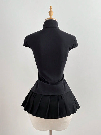 Elamini Black Cotton Mandarin Collar Short Sleeve Fitted Side Slit Shirt, New Chinese Style Retro Chic Commuting Elegant Campus Casual Versatile