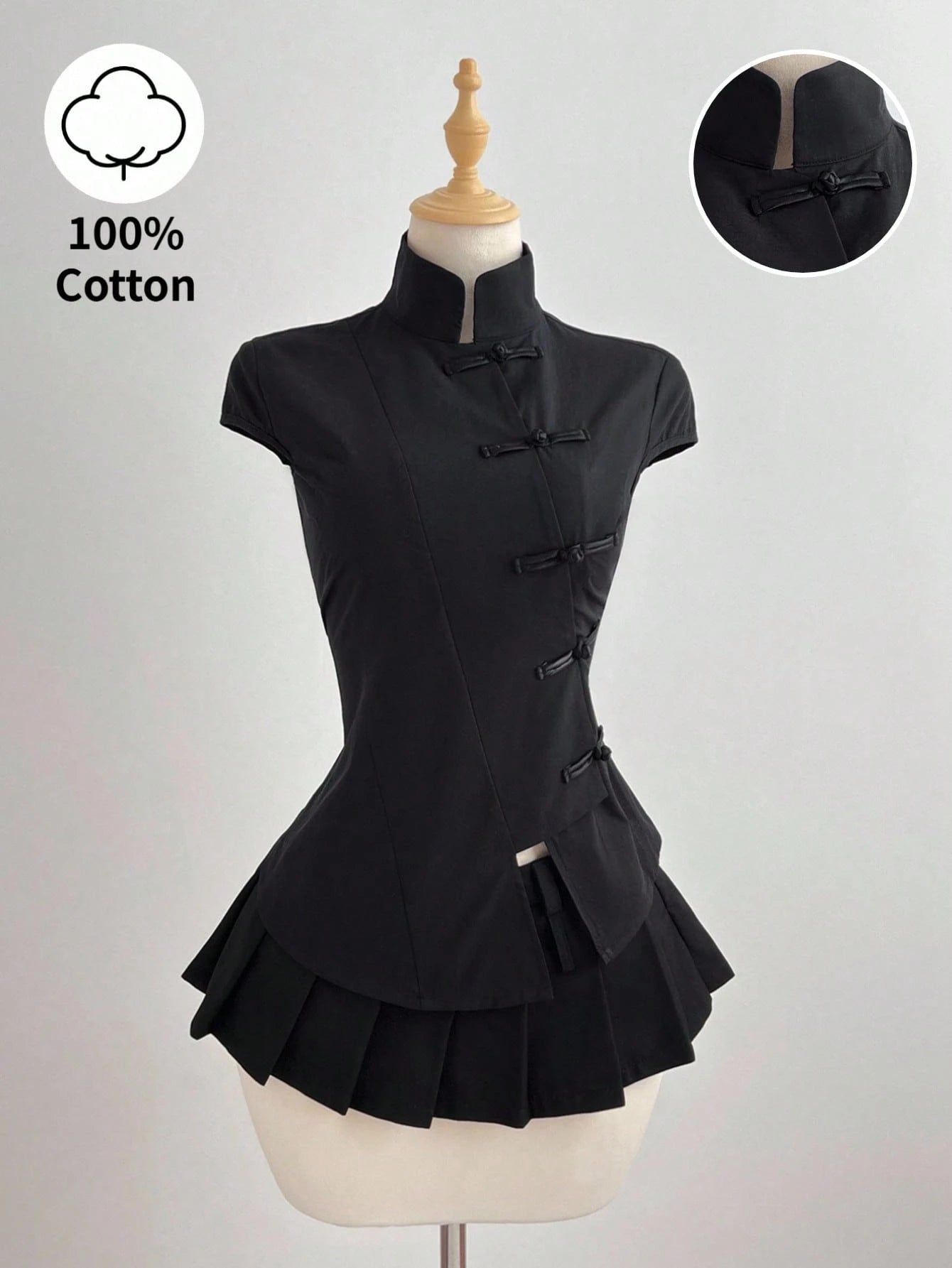 Elamini Black Cotton Mandarin Collar Short Sleeve Fitted Side Slit Shirt, New Chinese Style Retro Chic Commuting Elegant Campus Casual Versatile