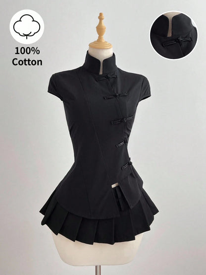 Elamini Black Cotton Mandarin Collar Short Sleeve Fitted Side Slit Shirt, New Chinese Style Retro Chic Commuting Elegant Campus Casual Versatile