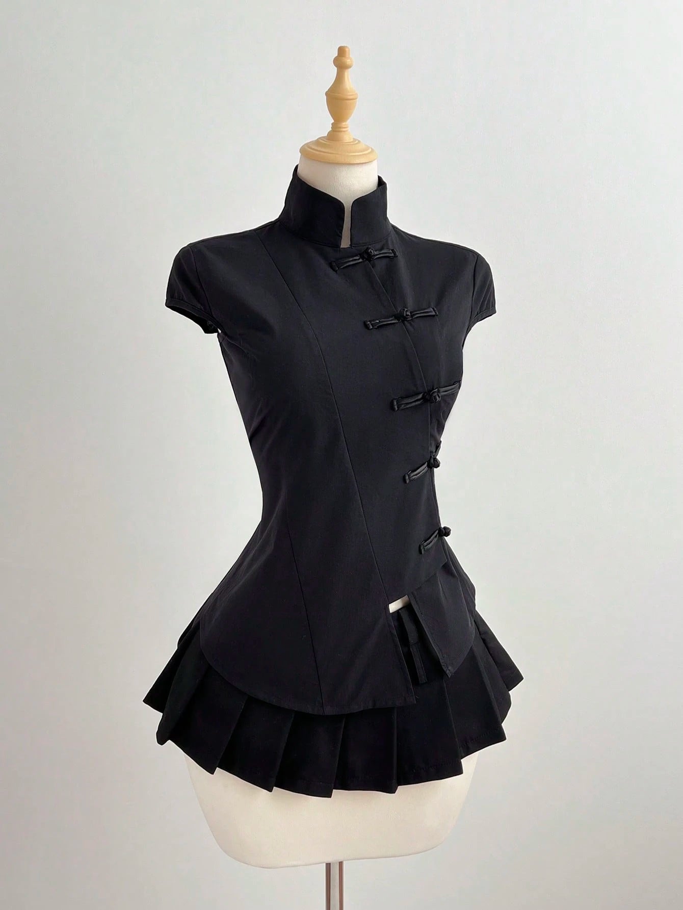 Elamini Black Cotton Mandarin Collar Short Sleeve Fitted Side Slit Shirt, New Chinese Style Retro Chic Commuting Elegant Campus Casual Versatile