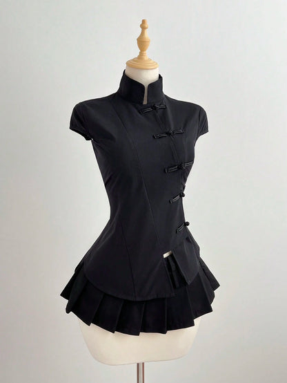 Elamini Black Cotton Mandarin Collar Short Sleeve Fitted Side Slit Shirt, New Chinese Style Retro Chic Commuting Elegant Campus Casual Versatile