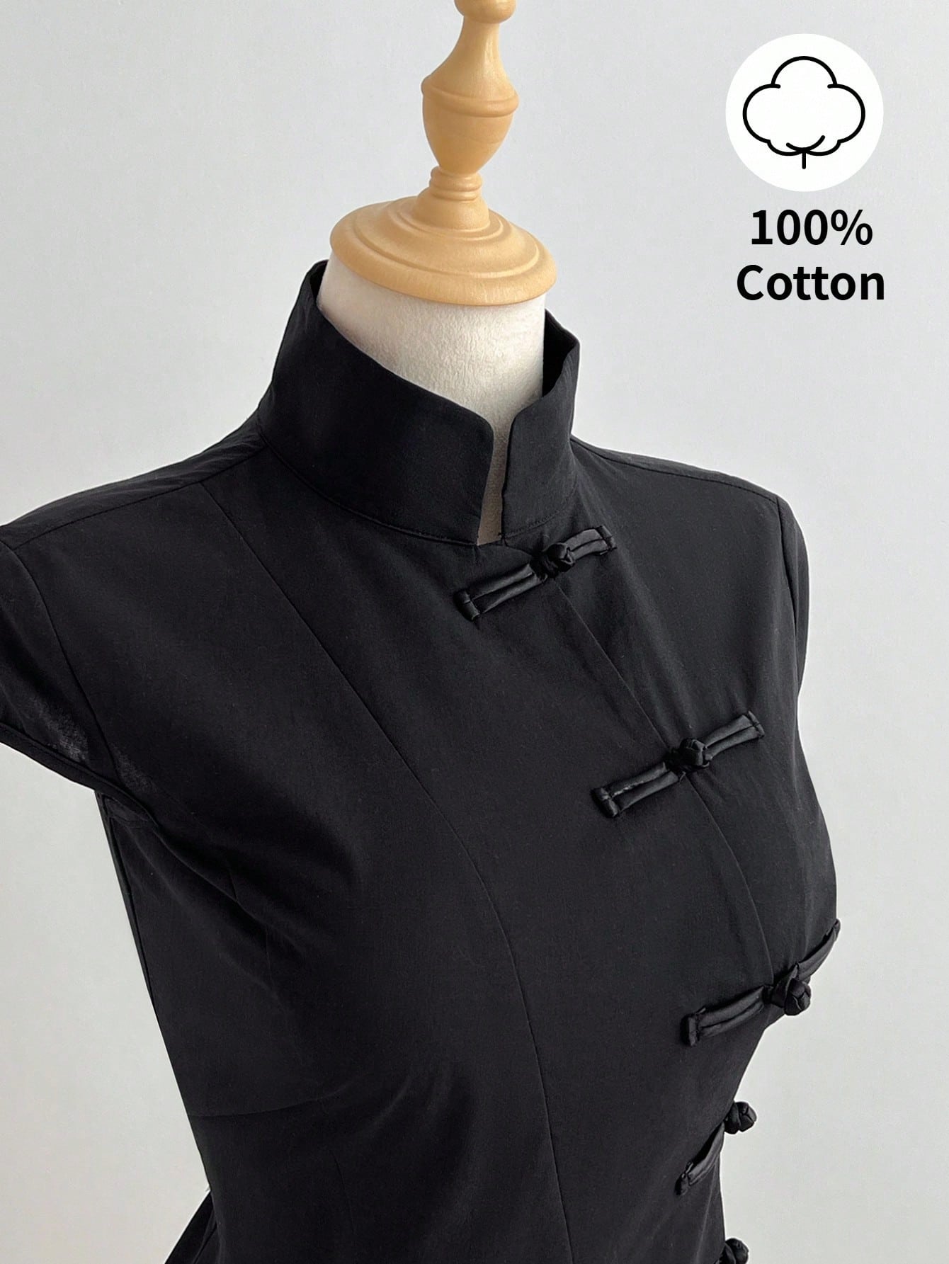 Elamini Black Cotton Mandarin Collar Short Sleeve Fitted Side Slit Shirt, New Chinese Style Retro Chic Commuting Elegant Campus Casual Versatile