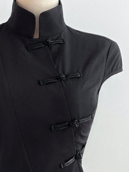 Elamini Black Cotton Mandarin Collar Short Sleeve Fitted Side Slit Shirt, New Chinese Style Retro Chic Commuting Elegant Campus Casual Versatile