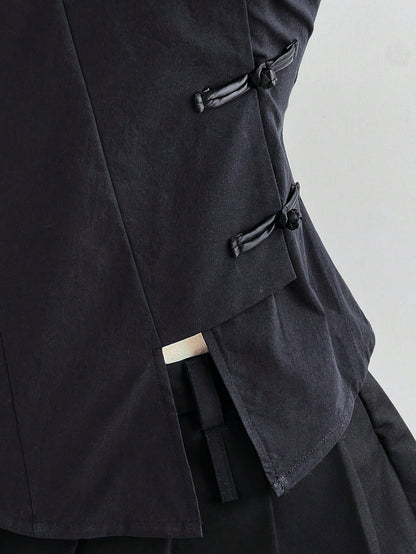 Elamini Black Cotton Mandarin Collar Short Sleeve Fitted Side Slit Shirt, New Chinese Style Retro Chic Commuting Elegant Campus Casual Versatile