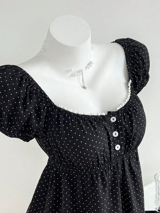 Elamini Women's Comfortable Square Neck Polka Dot Print Short Sleeve Blouse,Summer Tops,Summer Clothes,Holiday,Polka Dot,Vacation