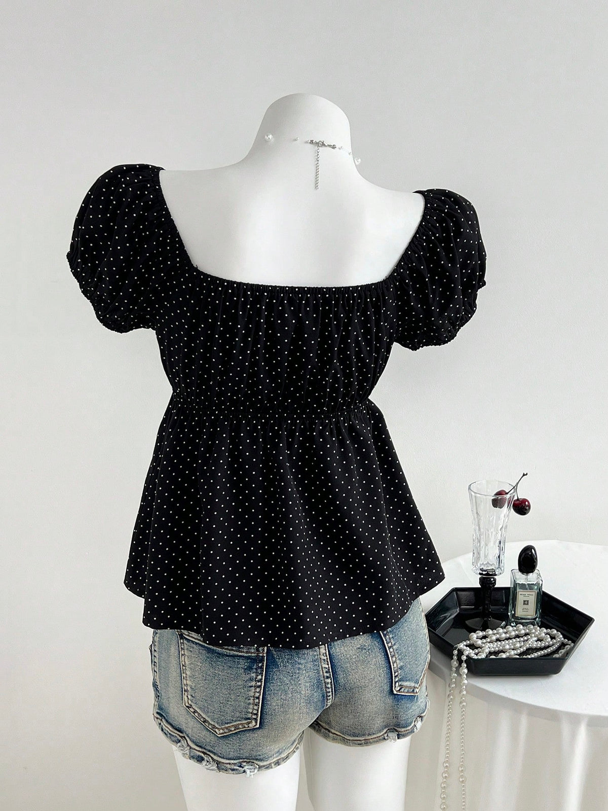 Elamini Women's Comfortable Square Neck Polka Dot Print Short Sleeve Blouse,Summer Tops,Summer Clothes,Holiday,Polka Dot,Vacation