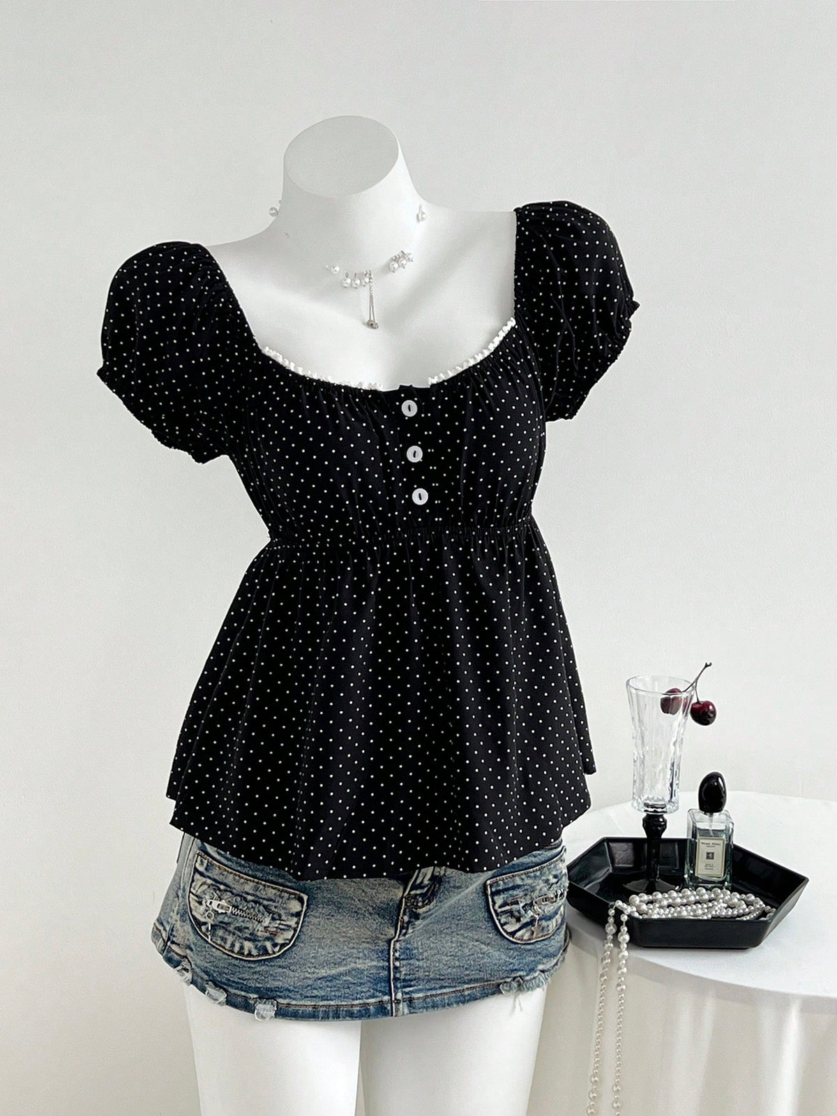 Elamini Women's Comfortable Square Neck Polka Dot Print Short Sleeve Blouse,Summer Tops,Summer Clothes,Holiday,Polka Dot,Vacation