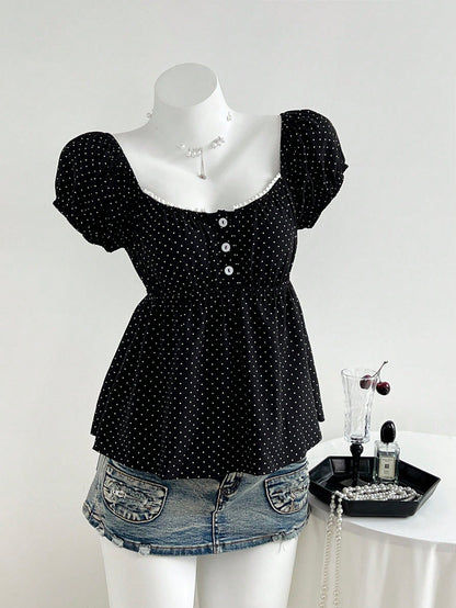 Elamini Women's Comfortable Square Neck Polka Dot Print Short Sleeve Blouse,Summer Tops,Summer Clothes,Holiday,Polka Dot,Vacation