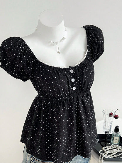 Elamini Women's Comfortable Square Neck Polka Dot Print Short Sleeve Blouse,Summer Tops,Summer Clothes,Holiday,Polka Dot,Vacation