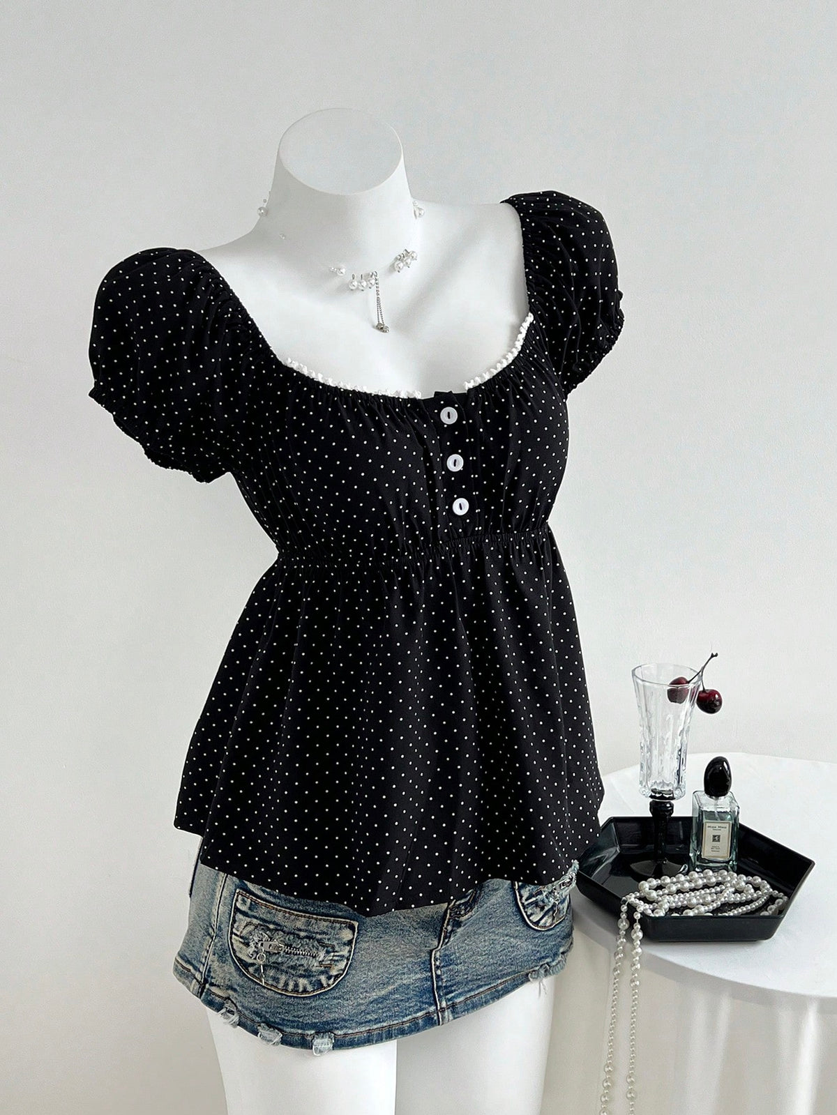Elamini Women's Comfortable Square Neck Polka Dot Print Short Sleeve Blouse,Summer Tops,Summer Clothes,Holiday,Polka Dot,Vacation