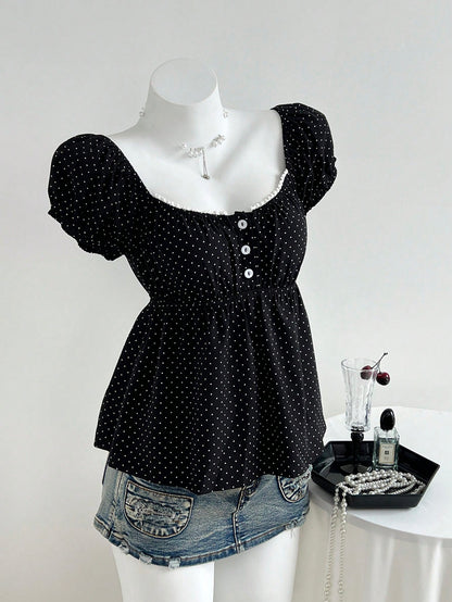 Elamini Women's Comfortable Square Neck Polka Dot Print Short Sleeve Blouse,Summer Tops,Summer Clothes,Holiday,Polka Dot,Vacation
