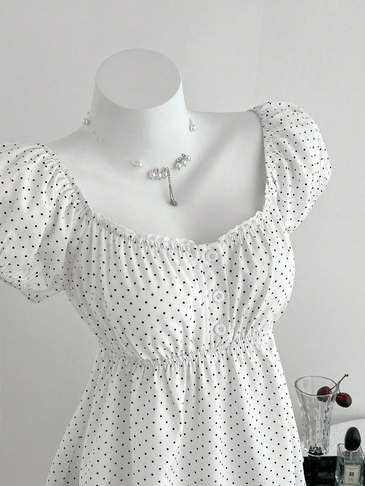 Elamini Women's Comfortable Square Neck Polka Dot Print Short Sleeve Blouse,Summer Tops,Summer Clothes,Holiday,Polka Dot,Vacation