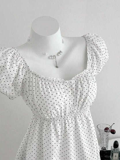 Elamini Women's Comfortable Square Neck Polka Dot Print Short Sleeve Blouse,Summer Tops,Summer Clothes,Holiday,Polka Dot,Vacation