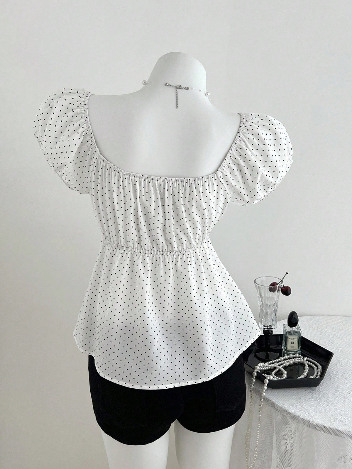 Elamini Women's Comfortable Square Neck Polka Dot Print Short Sleeve Blouse,Summer Tops,Summer Clothes,Holiday,Polka Dot,Vacation