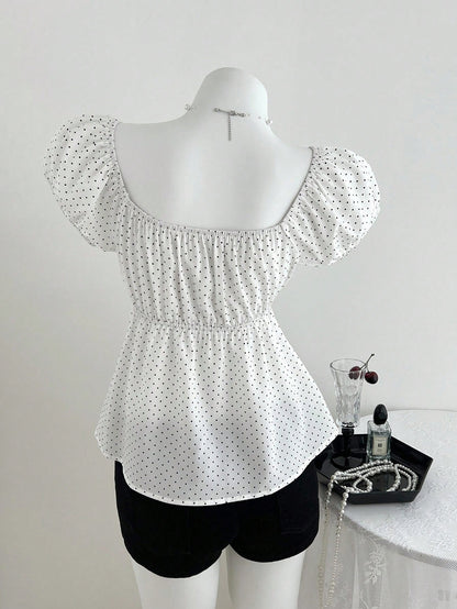 Elamini Women's Comfortable Square Neck Polka Dot Print Short Sleeve Blouse,Summer Tops,Summer Clothes,Holiday,Polka Dot,Vacation