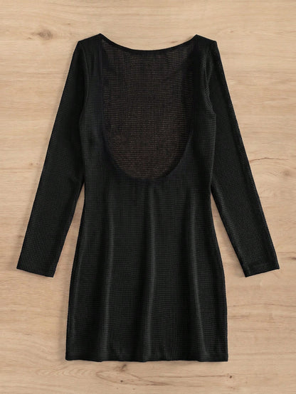 Elavelle Solid Color Fitted Mini Knit Cover Up Dress Club Outfits For Women Dress , Black Elegant