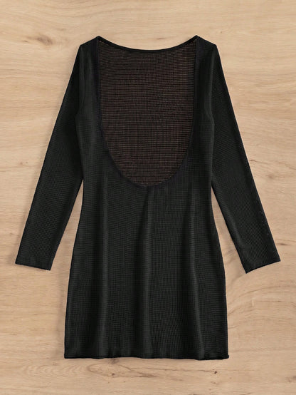 Elavelle Solid Color Fitted Mini Knit Cover Up Dress Club Outfits For Women Dress , Black Elegant