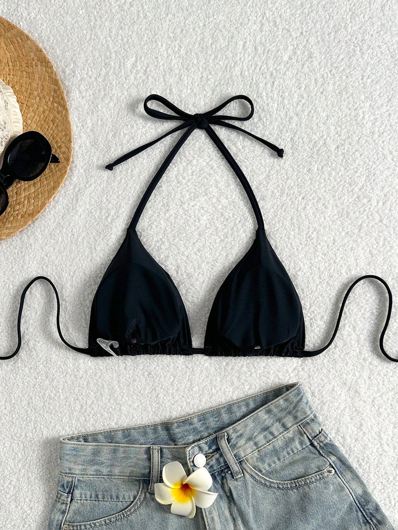 Elavelle Solid Color Halter Twist Back Bikini Top