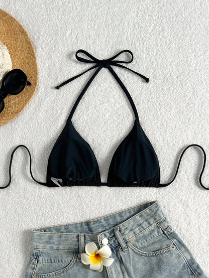 Elavelle Solid Color Halter Twist Back Bikini Top