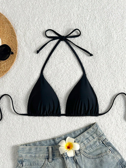 Elavelle Solid Color Halter Twist Back Bikini Top