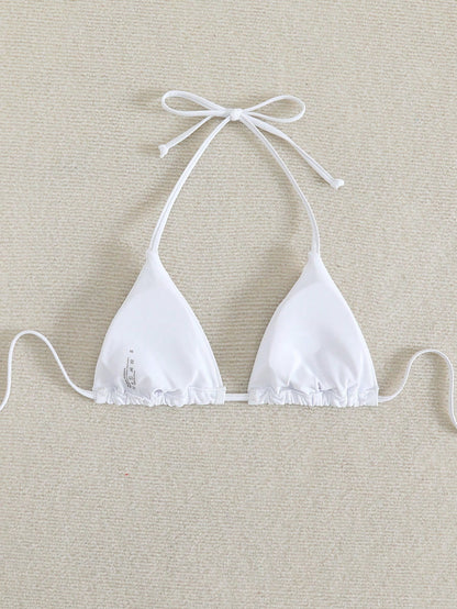 Elavelle Solid Color Halter Twist Back Bikini Top