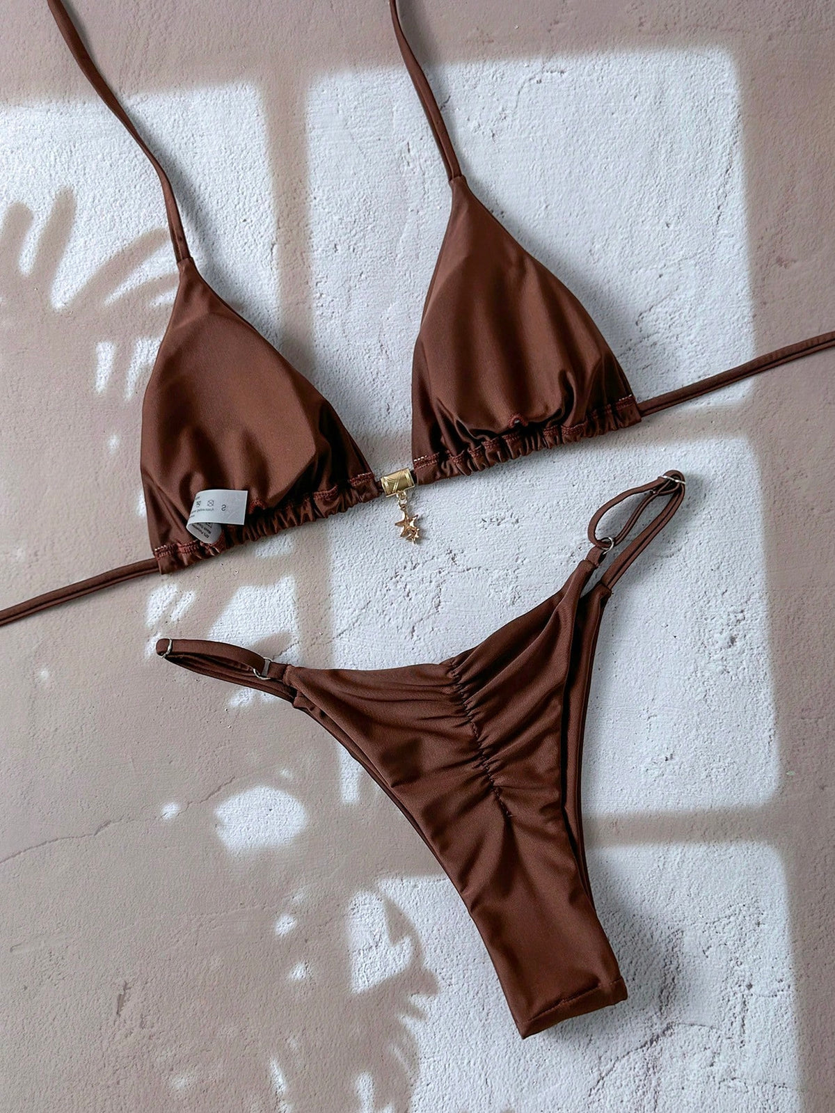 Elavelle Springbreak Women's Solid Color Halter Metal Pendant Swimwear Sexy Thong Bikini Set