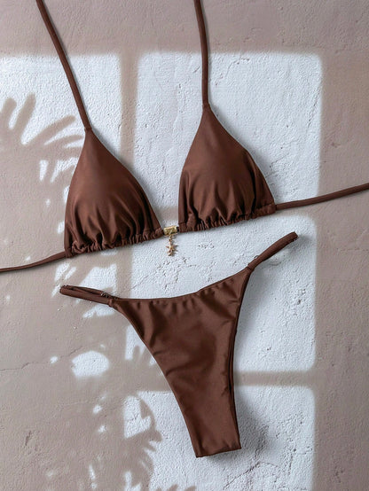 Elavelle Springbreak Women's Solid Color Halter Metal Pendant Swimwear Sexy Thong Bikini Set