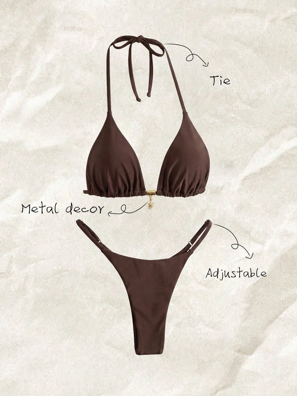 Elavelle Springbreak Women's Solid Color Halter Metal Pendant Swimwear Sexy Thong Bikini Set