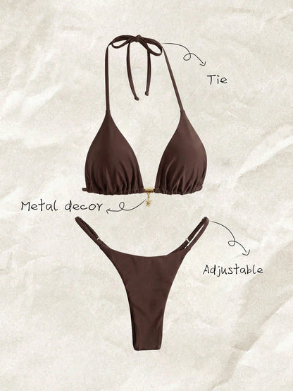 Elavelle Springbreak Women's Solid Color Halter Metal Pendant Swimwear Sexy Thong Bikini Set
