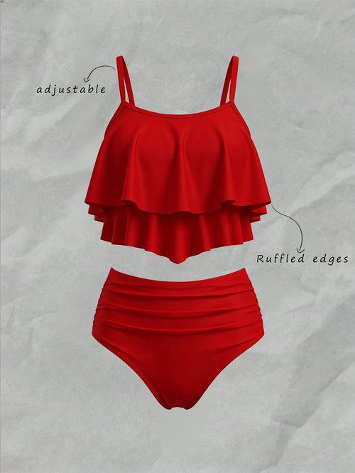 Elavelle Summer Beach Solid Tankini Set Hanky Hem Flowy Cami Top & Ruched High Waisted Bottom 2 Piece Bathing Suit