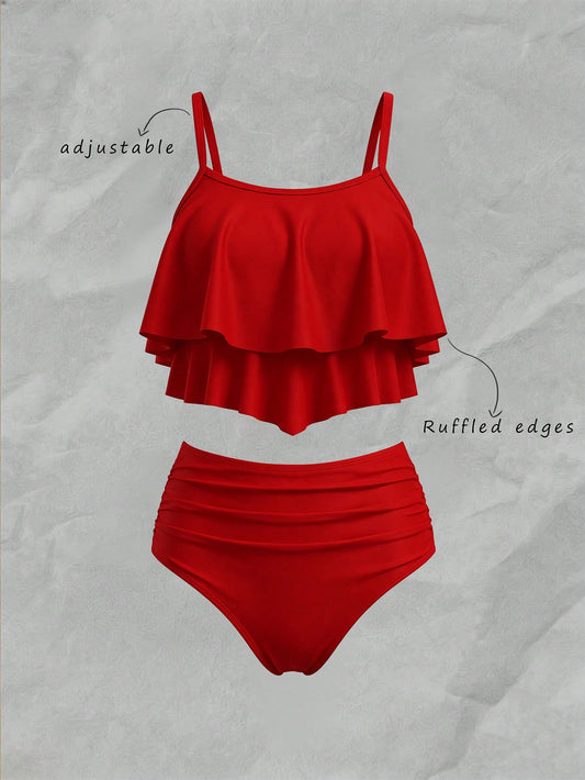 Elavelle Summer Beach Solid Tankini Set Hanky Hem Flowy Cami Top & Ruched High Waisted Bottom 2 Piece Bathing Suit